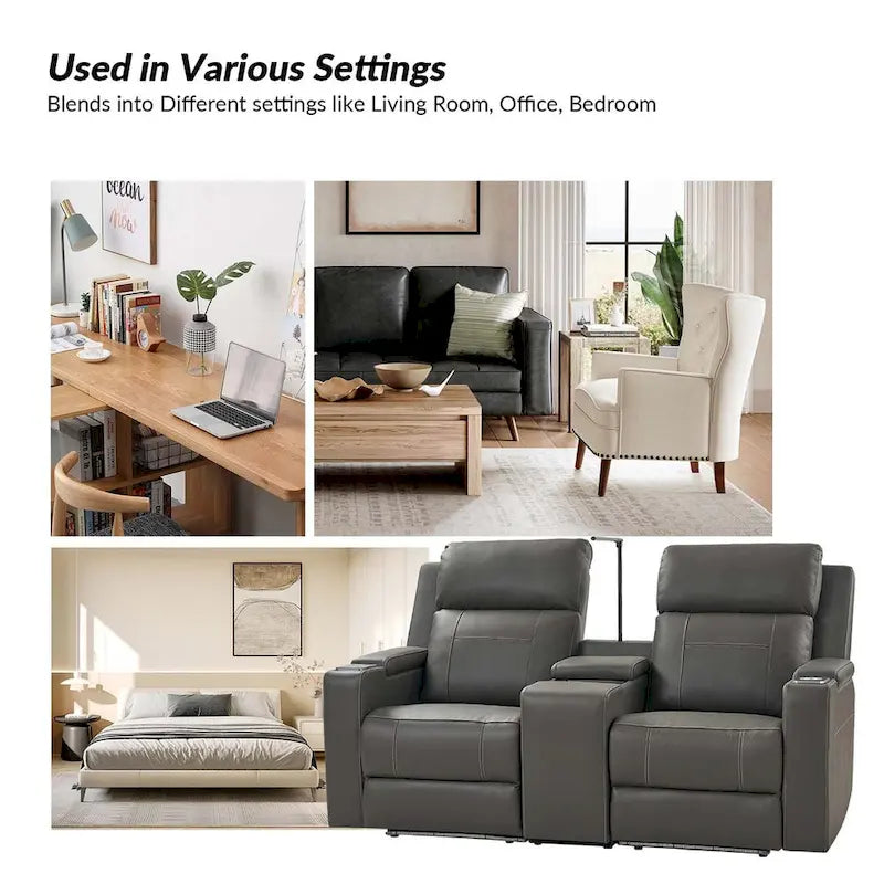 Fauteuil de cinéma maison en cuir véritable de 71,26 po de large avec éclairage d'ambiance et rangement