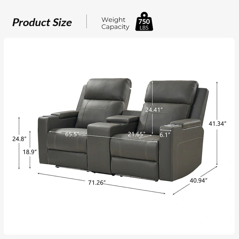 Fauteuil de cinéma maison en cuir véritable de 71,26 po de large avec éclairage d'ambiance et rangement