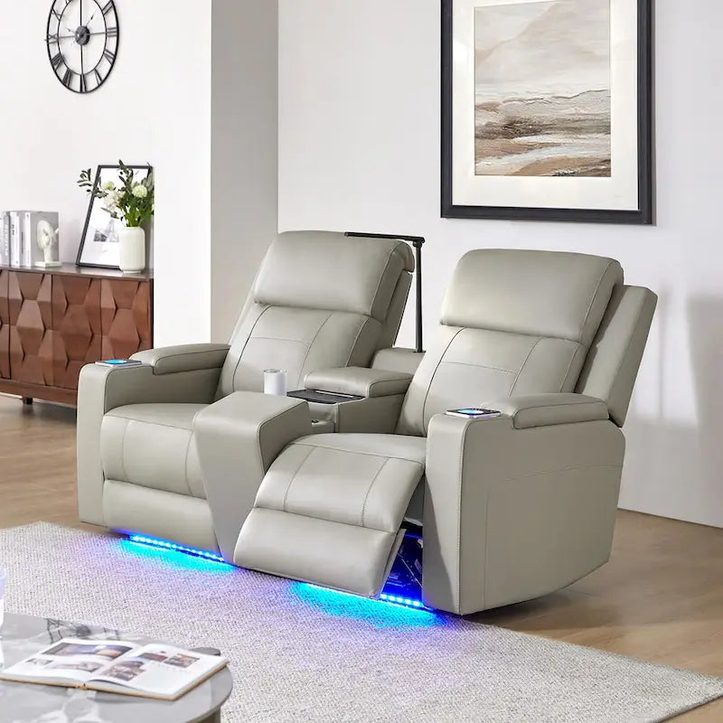 Fauteuil de cinéma maison en cuir véritable de 71,26 po de large avec éclairage d'ambiance et rangement