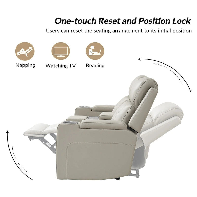 Fauteuil de cinéma maison en cuir véritable de 71,26 po de large avec éclairage d'ambiance et rangement