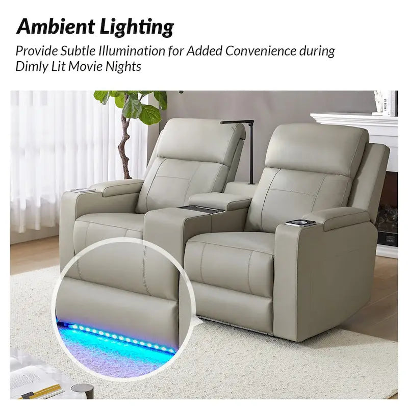 Fauteuil de cinéma maison en cuir véritable de 71,26 po de large avec éclairage d'ambiance et rangement