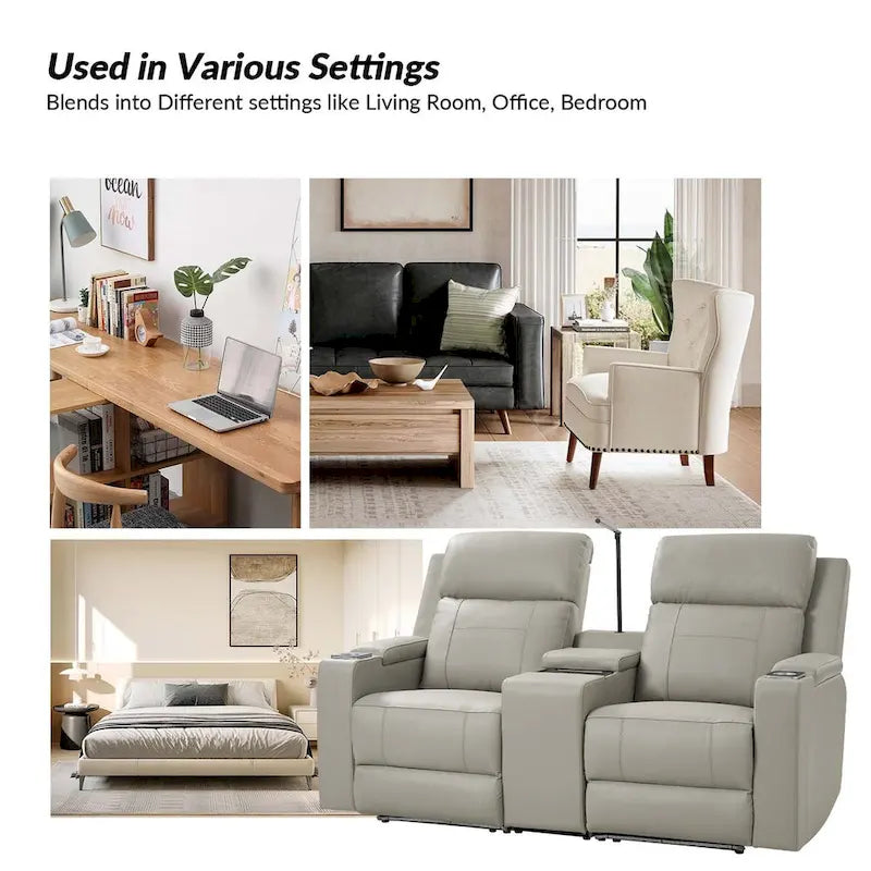 Fauteuil de cinéma maison en cuir véritable de 71,26 po de large avec éclairage d'ambiance et rangement