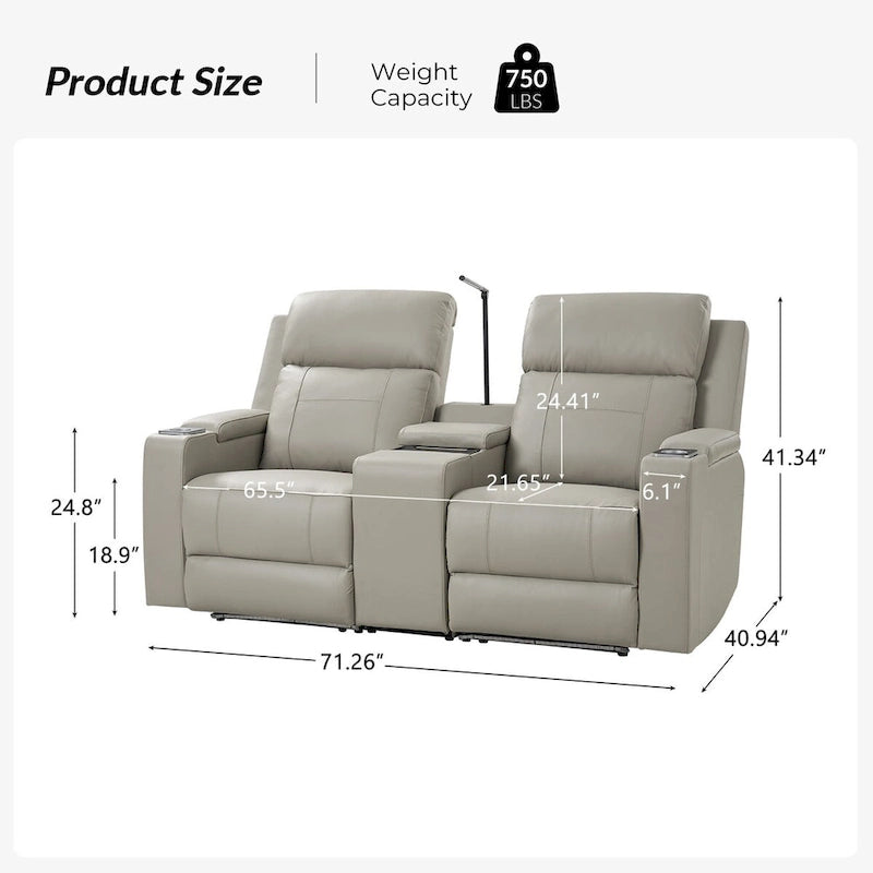 Fauteuil de cinéma maison en cuir véritable de 71,26 po de large avec éclairage d'ambiance et rangement