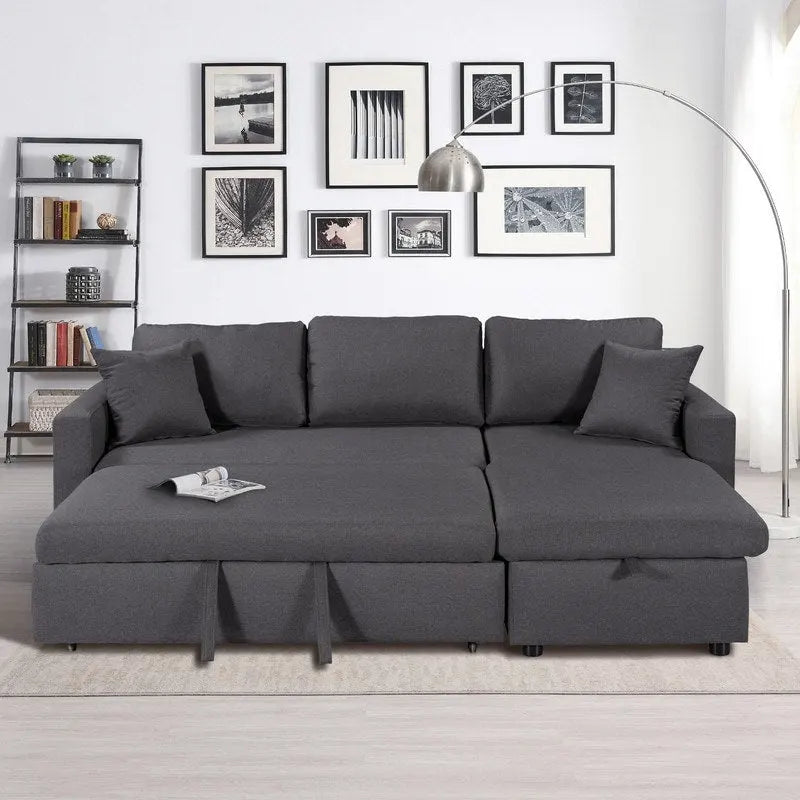 Canapé d'angle convertible rembourré avec espace de rangement et 2 coussins de décoration