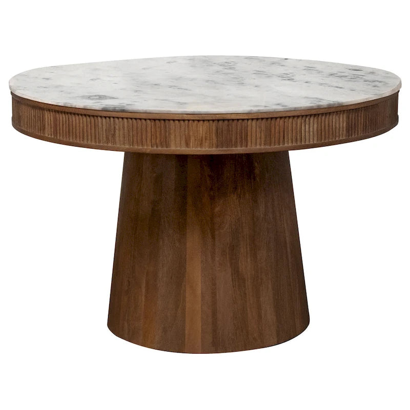 Table à manger de 46 pouces, dessus rond en marbre, pied central, cannelée, marron