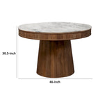 Table à manger de 46 pouces, dessus rond en marbre, pied central, cannelée, marron