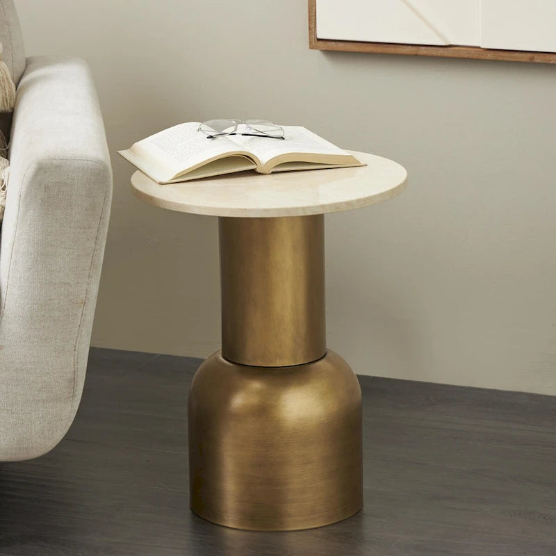 Table d'appoint avec base en métal et plateau en marbre crème - Doré